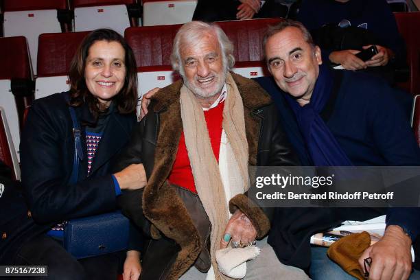 Jean-Paul Belmondo sitting between Pascale Pouzadoux and her husband Antoine Dulery attend "Depardieu Chante Barbara" at "Le Cirque D'Hiver" on...