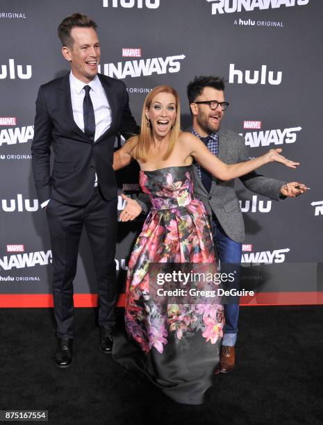 Kip Pardue, Annie Wersching and Kevin Weisman arrive at the premiere of Hulu's "Marvel's Runaways" at Regency Bruin Theatre on November 16, 2017 in...