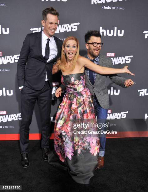 Kip Pardue, Annie Wersching and Kevin Weisman arrive at the premiere of Hulu's "Marvel's Runaways" at Regency Bruin Theatre on November 16, 2017 in...