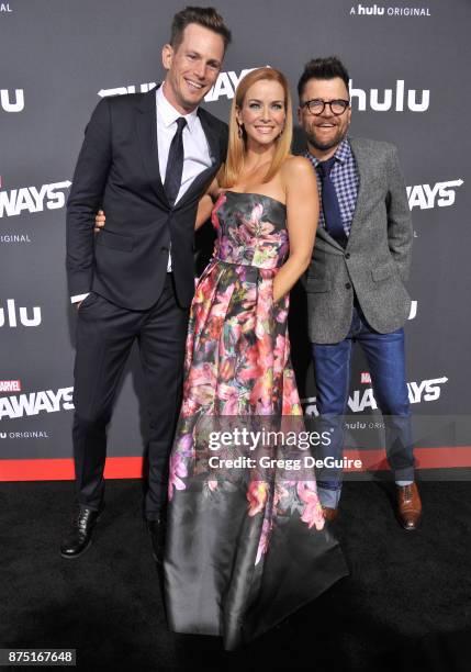 Kip Pardue, Annie Wersching and Kevin Weisman arrive at the premiere of Hulu's "Marvel's Runaways" at Regency Bruin Theatre on November 16, 2017 in...