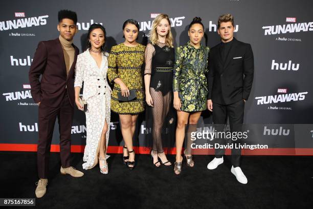 Actors Rhenzy Feliz, Lyrica Okano, Ariela Barer, Virginia Gardner, Allegra Acosta and Gregg Sulkin arrive at the premiere of Hulu's "Marvel's...