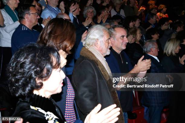 Monique Lang, Pascale Pouzadoux, Jean-Paul Belmondo and Antoine Dulery applause at the end of "Depardieu Chante Barbara" at "Le Cirque D'Hiver" on...