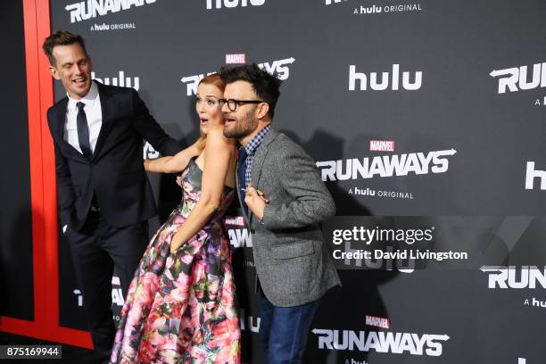 Kip Pardue, Annie Wersching and Kevin Weisman arrive at the premiere of Hulu's "Marvel's Runaways" at the Regency Bruin Theatre on November 16, 2017...