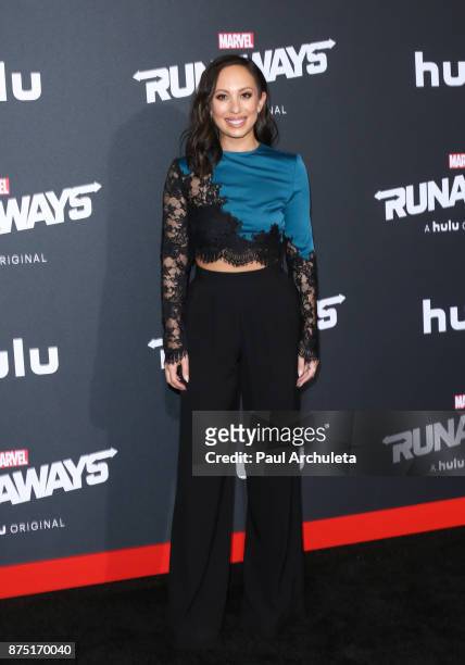 Dancer / TV Personality Cheryl Burke attends the premiere of Hulu's "Marvel's Runaways" at The Regency Bruin Theatre on November 16, 2017 in Los...