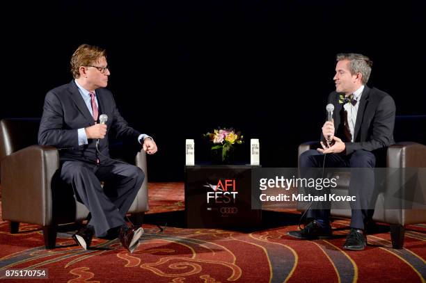 Aaron Sorkin and Variety's Peter Debruge speak onstage at the screening of "Molly's Game" at the Closing Night Gala at AFI FEST 2017 Presented By...
