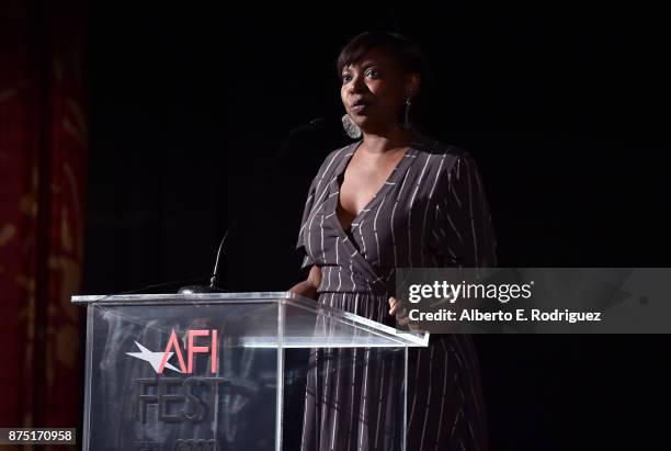 Festival Director for AFI FEST Jacqueline Lyanga speaks onstage at the screening of "Molly's Game" at the Closing Night Gala at AFI FEST 2017...