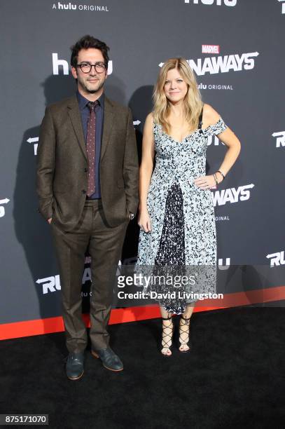 Executive producers Josh Schwartz and Stephanie Savage arrive at the premiere of Hulu's "Marvel's Runaways" at the Regency Bruin Theatre on November...