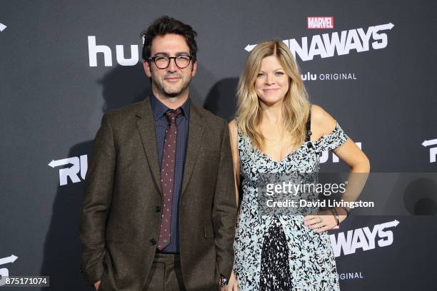 Executive producers Josh Schwartz and Stephanie Savage arrive at the premiere of Hulu's "Marvel's Runaways" at the Regency Bruin Theatre on November...