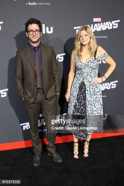 Executive producers Josh Schwartz and Stephanie Savage arrive at the premiere of Hulu's "Marvel's Runaways" at the Regency Bruin Theatre on November...