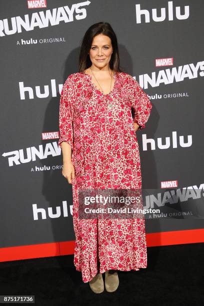 Actress Meredith Salenger arrives at the premiere of Hulu's "Marvel's Runaways" at the Regency Bruin Theatre on November 16, 2017 in Los Angeles,...