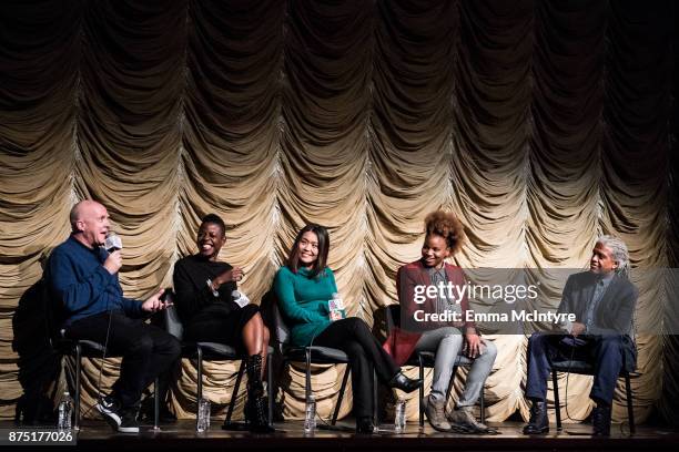 Producer Cassian Elwes, makeup artist Angie Wells, editor Mako Kamitsuna, director Dee Rees and Elvis Mitchell speak onstage at 'Film Independent at...