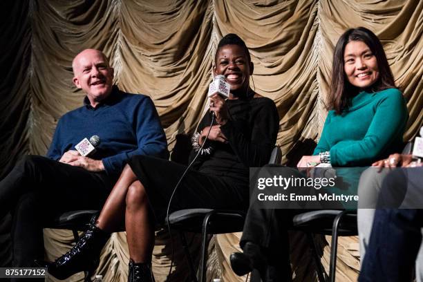 Producer Cassian Elwes, makeup artist Angie Wells, and editor Mako Kamitsuna speak onstage at 'Film Independent at LACMA presents "Mudbound"...