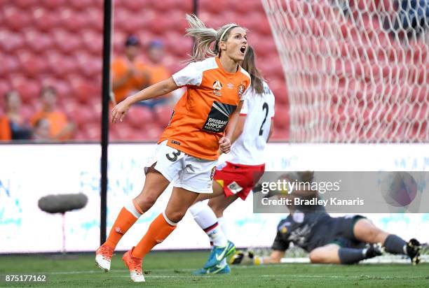 Amy Chapman of the Roar shows her disappointment after missing a shot at goal during the round four W-League match between Brisbane and Adelaide at...