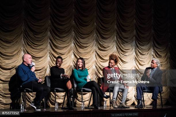 Producer Cassian Elwes, makeup artist Angie Wells, editor Mako Kamitsuna, director Dee Rees and Elvis Mitchell speak onstage at 'Film Independent at...