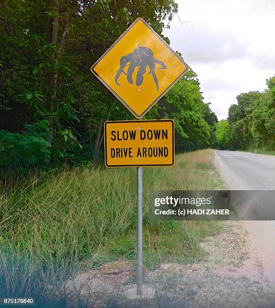 coconut crab road sign | christmas island | australia - christmas island stock-fotos und bilder