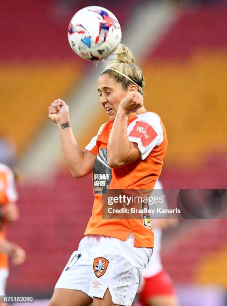 Katrina-Lee Gorry of the Roar heads the ball during the round four W-League match between Brisbane and Adelaide at Suncorp Stadium on November 17,...