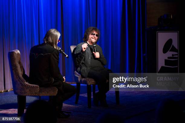 Executive Director of the Grammy Museum Scott Goldman and musician Jeff Lynne of ELO speak onstage during Reel to Reel: Jeff Lynne's ELO 'Wembley Or...