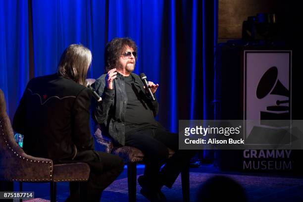 Executive Director of the Grammy Museum Scott Goldman and musician Jeff Lynne of ELO speak onstage during Reel to Reel: Jeff Lynne's ELO 'Wembley Or...