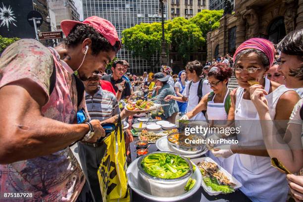 Farmers, food security activists and chefs on 16 November 2017 promoted a banqueting in front of the Municipal Theater in downtown Sao Paulo, Brazil,...