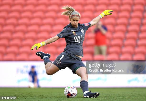 Eliza Campbell of Adelaide United kicks the ball during the round four W-League match between Brisbane and Adelaide at Suncorp Stadium on November...