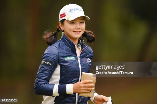 Yuting Seki of China smiles during the second round of the Daio Paper Elleair Ladies Open 2017 at the Elleair Golf Club on November 17, 2017 in...