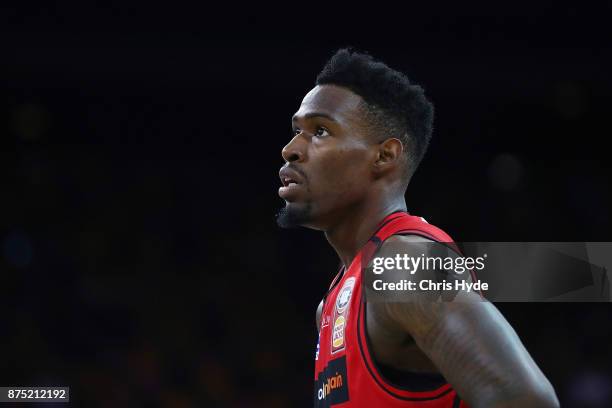 Derek Cooke Jr of the wildcats looks on during the round seven NBL match between Brisbane and Perth at Brisbane Entertainment Centre on November 17,...