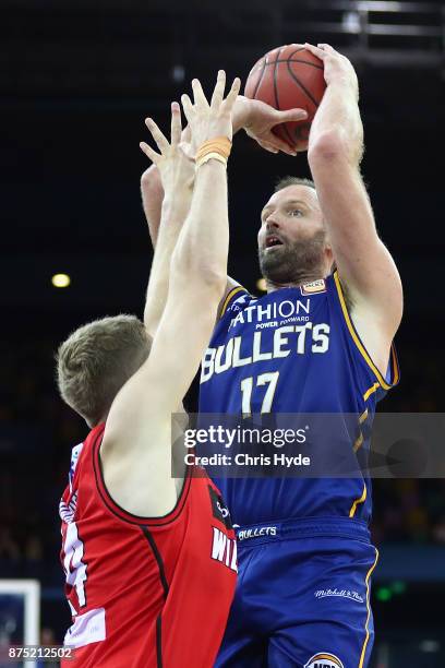 Anthony Petrie of the Bullets shoots during the round seven NBL match between Brisbane and Perth at Brisbane Entertainment Centre on November 17,...