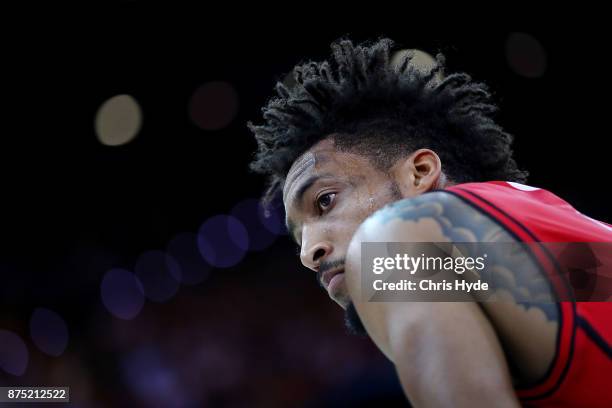 Jean-Pierre Tokoto of the Wildcats looks on during the round seven NBL match between Brisbane and Perth at Brisbane Entertainment Centre on November...