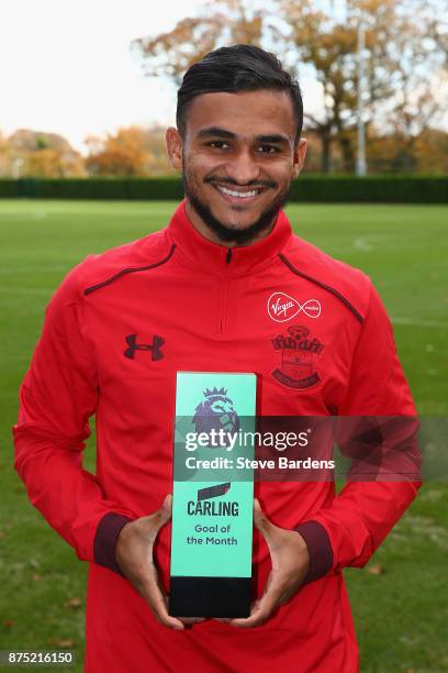 Sofiane Boufal of Southampton is presented with the Carling Premier League Awards Goal of the Month award for October at Staplewood Complex on...