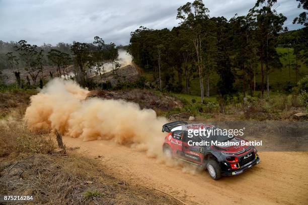 Kris Meeke of Great Britain and Paul Nagle of Ireland compete in their Citroen Total Abu Dhabi WRT Citroen C3 WRC during Day One of the WRC Australia...