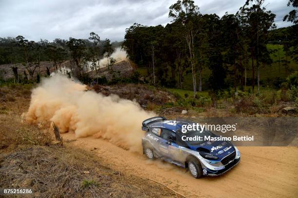 Ott Tanak of Estonia and Martin Jarveoja of Estonia compete in their M-Sport WRT Ford Fiesta WRC during Day One of the WRC Australia on November 17,...