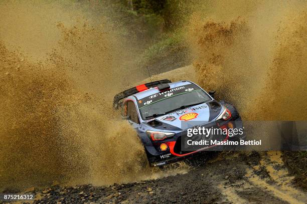 Thierry Neuville of Belgium and Nicolas Gilsoul of Belgium compete in their Hyundai Motorsport WRT Hyundai i20 coupe WRC during Day One of the WRC...