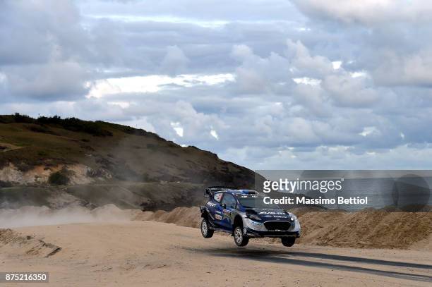 Ott Tanak of Estonia and Martin Jarveoja of Estonia compete in their M-Sport WRT Ford Fiesta WRC during Day One of the WRC Australia on November 17,...