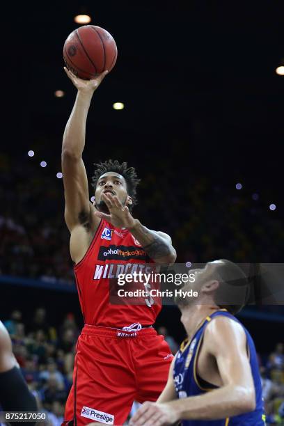 Jean-Pierre Tokoto of the Wildcats shoots during the round seven NBL match between Brisbane and Perth at Brisbane Entertainment Centre on November...