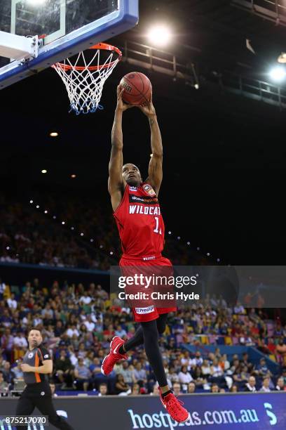 Bryce Cotton of the Wildcats dunks during the round seven NBL match between Brisbane and Perth at Brisbane Entertainment Centre on November 17, 2017...