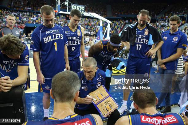 Bullets coach Andrej Lemanis talks to players during the round seven NBL match between Brisbane and Perth at Brisbane Entertainment Centre on...