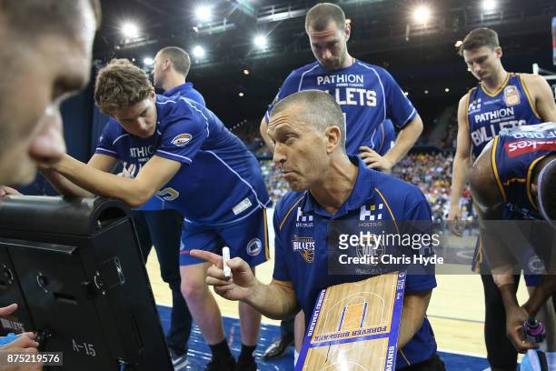 Bullets coach Andrej Lemanis talks to players during the round seven NBL match between Brisbane and Perth at Brisbane Entertainment Centre on...