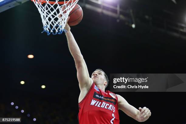 Lucas Walker of the drives to the basket during the round seven NBL match between Brisbane and Perth at Brisbane Entertainment Centre on November 17,...