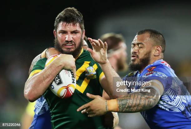 Matt Gillett of Australia is tackled during the 2017 Rugby League World Cup Quarter Final match between Australia and Samoa at Darwin Stadium on...