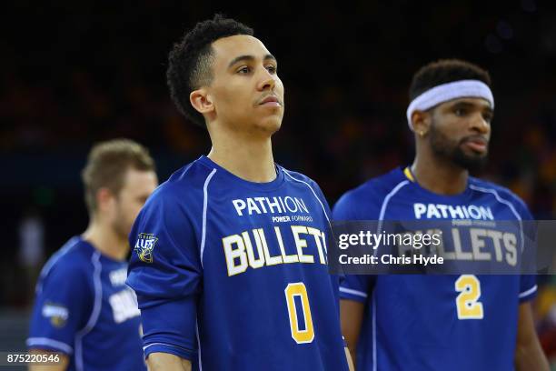 Travis Trice of the Bullets warms up before the round seven NBL match between Brisbane and Perth at Brisbane Entertainment Centre on November 17,...