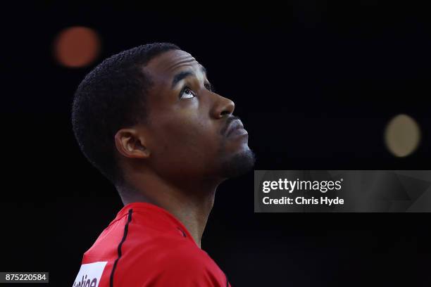 Bryce Cotton of the Wildcats warms up before the round seven NBL match between Brisbane and Perth at Brisbane Entertainment Centre on November 17,...