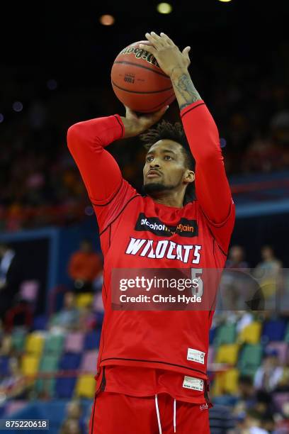 Jean-Pierre Tokoto of the Wildcats warms up before the round seven NBL match between Brisbane and Perth at Brisbane Entertainment Centre on November...