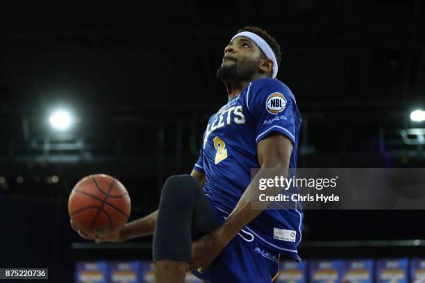 Perrin Buford of the Bullets warms up before the round seven NBL match between Brisbane and Perth at Brisbane Entertainment Centre on November 17,...