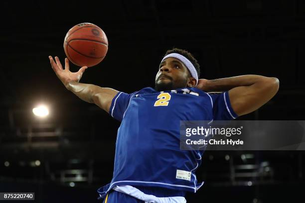 Perrin Buford of the Bullets warms up before the round seven NBL match between Brisbane and Perth at Brisbane Entertainment Centre on November 17,...