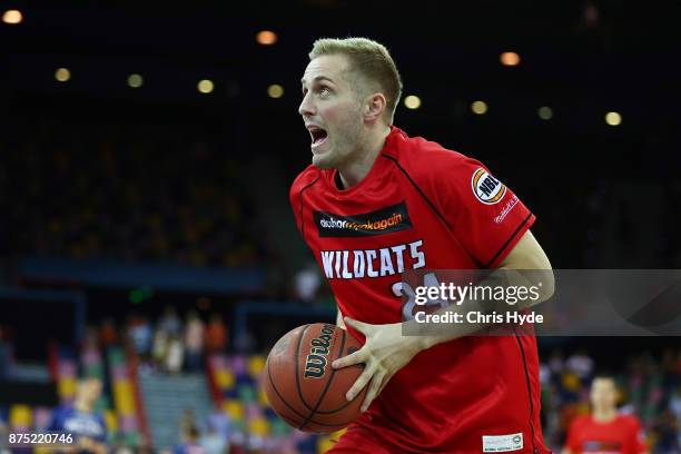 Jesse Wagsstaff of the wildcats warms up before the round seven NBL match between Brisbane and Perth at Brisbane Entertainment Centre on November 17,...