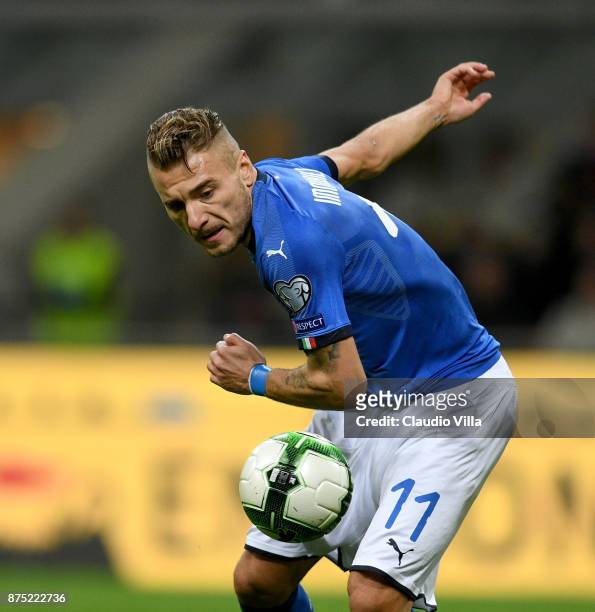 Ciro Immobile of Italy in action during the FIFA 2018 World Cup Qualifier Play-Off: Second Leg between Italy and Sweden at San Siro Stadium on...