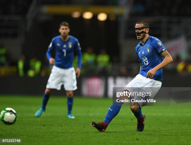 Leonardo Bonucci of Italy in action during the FIFA 2018 World Cup Qualifier Play-Off: Second Leg between Italy and Sweden at San Siro Stadium on...