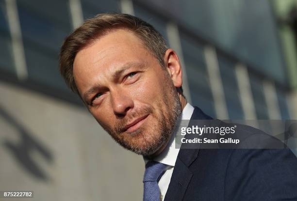 Christian Lindner, leader of the German Free Democratic Party , arrives for further talks the morning after leaders of the four negotiating parties...