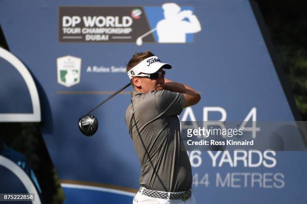 Ian Poulter of England tees off on the 16th hole during the second round of the DP World Tour Championship at Jumeirah Golf Estates on November 17,...