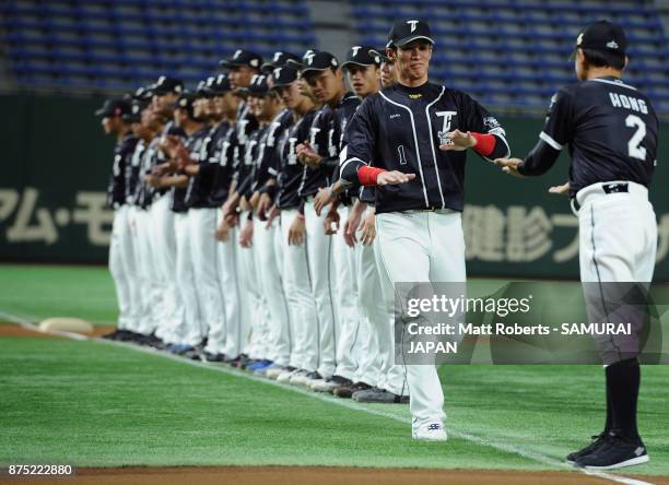 Outfielder Yang Dai-Kang of Chinese Taipei is introduced prior to the Eneos Asia Professional Baseball Championship 2017 game between South Korea and...